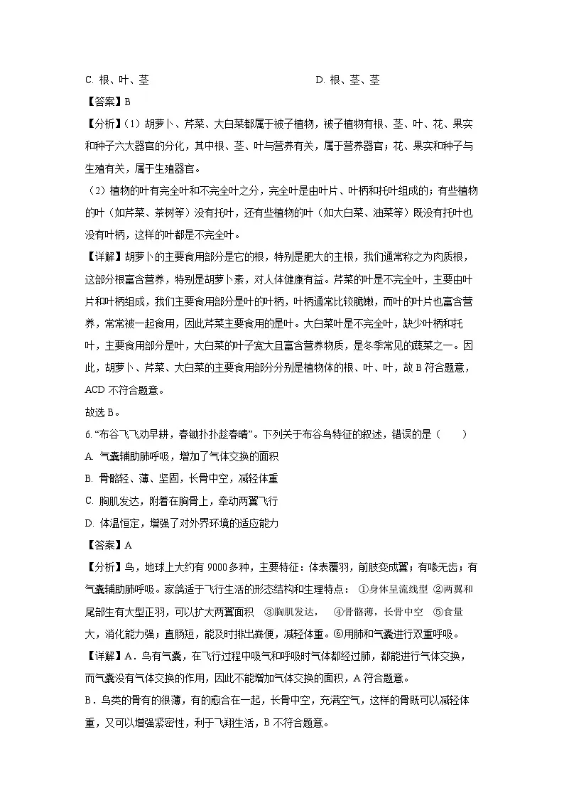 2024~2025学年山东省菏泽市单县七年级上学期期末生物试卷(解析版)第3页