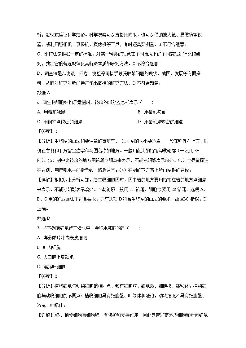2024~2025学年广西崇左市宁明县七年级上学期期中生物试卷(解析版)第3页