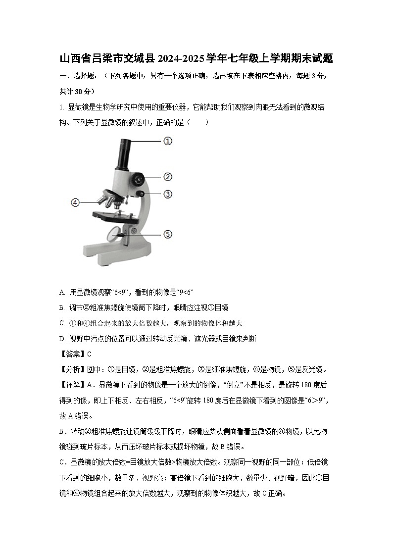 2024~2025學(xué)年山西省呂梁市交城縣七年級(jí)上學(xué)期期末生物試卷（解析版）第1頁