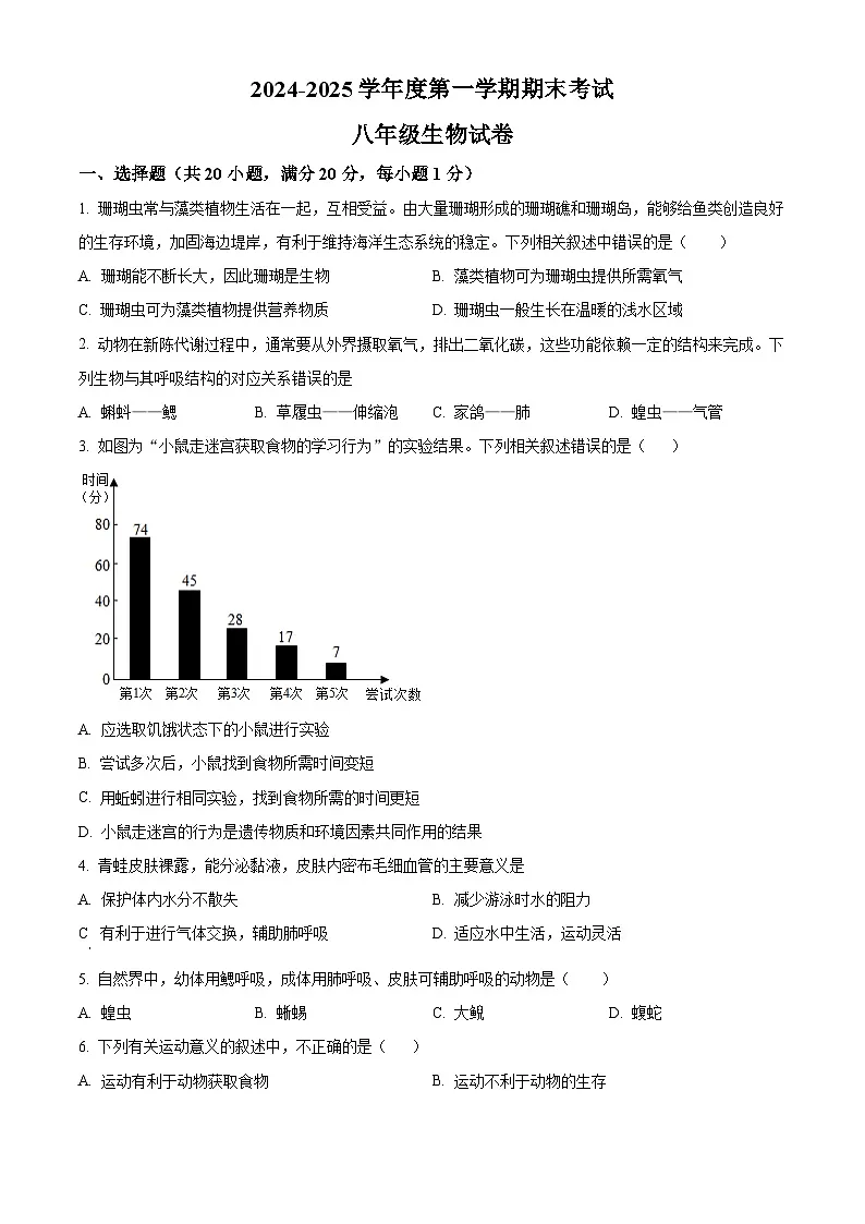 河南省商丘市夏邑县县城中学联考2024-2025学年八年级上学期期末生物试题(原卷版+解析版)第1页