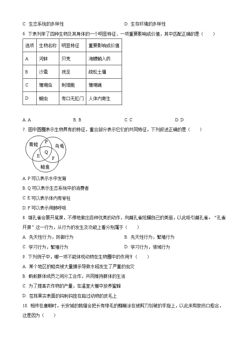 山西省大同市云州区两校联考2024-2025学年八年级上学期期末生物试题(原卷版+解析版)第2页