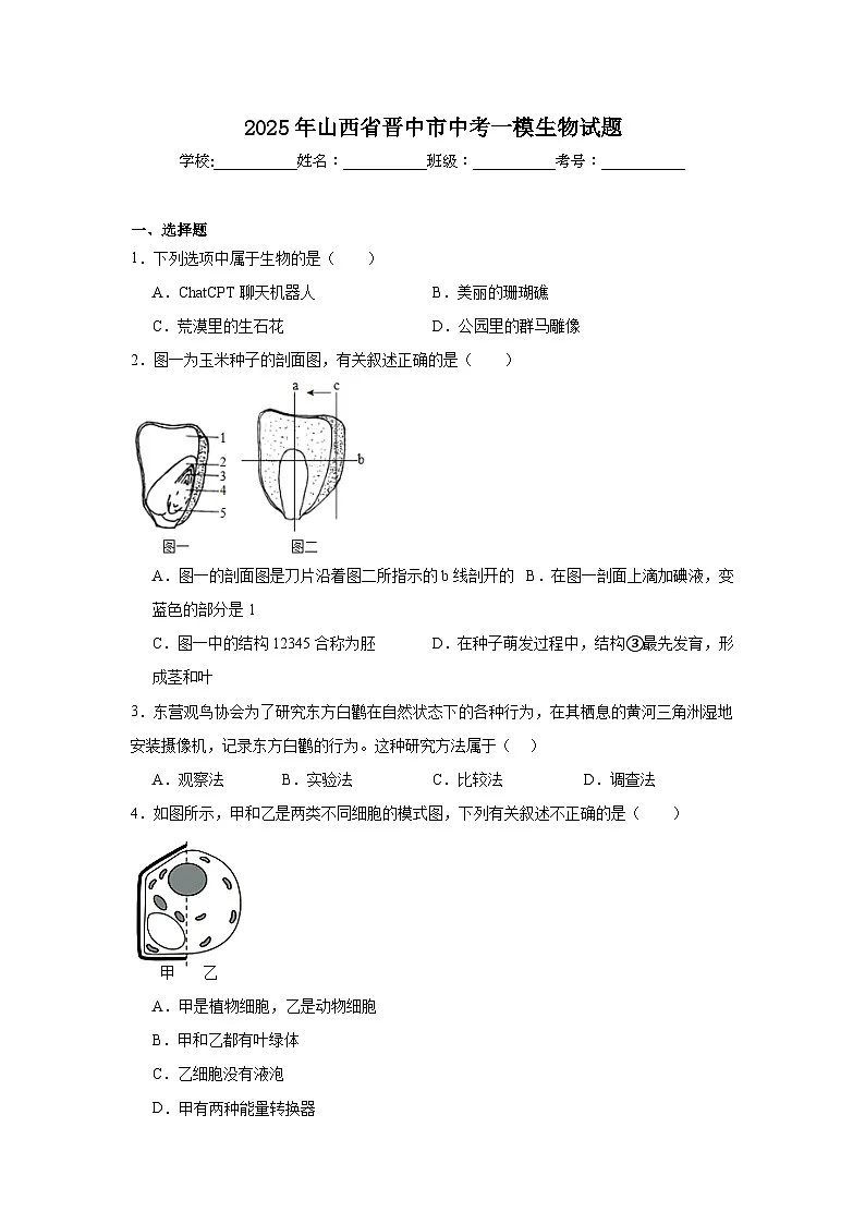 2025年山西省晋中市中考一模生物试题(附答案解析)第1页