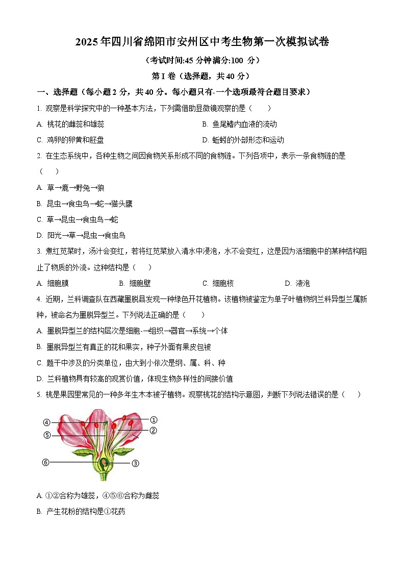2025年四川省绵阳市安州区八年级中考一模生物试题(原卷版+解析版)第1页
