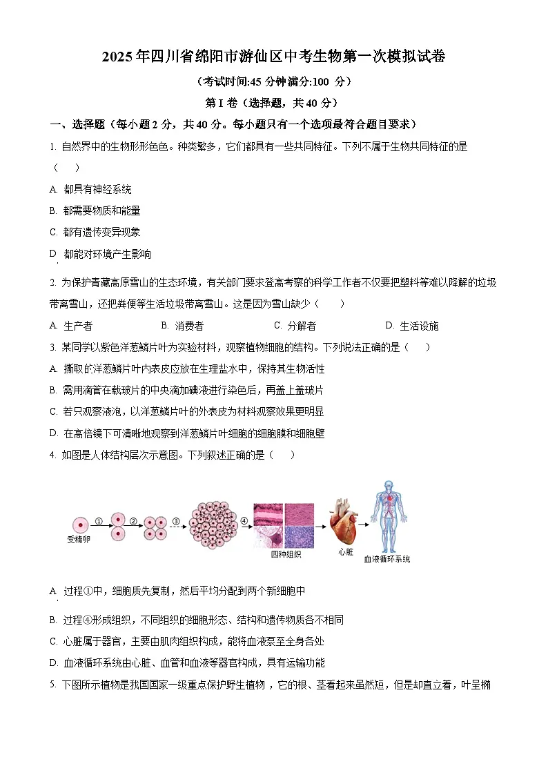 2025年四川省绵阳市游仙区中考一模生物试题(原卷版+解析版)第1页