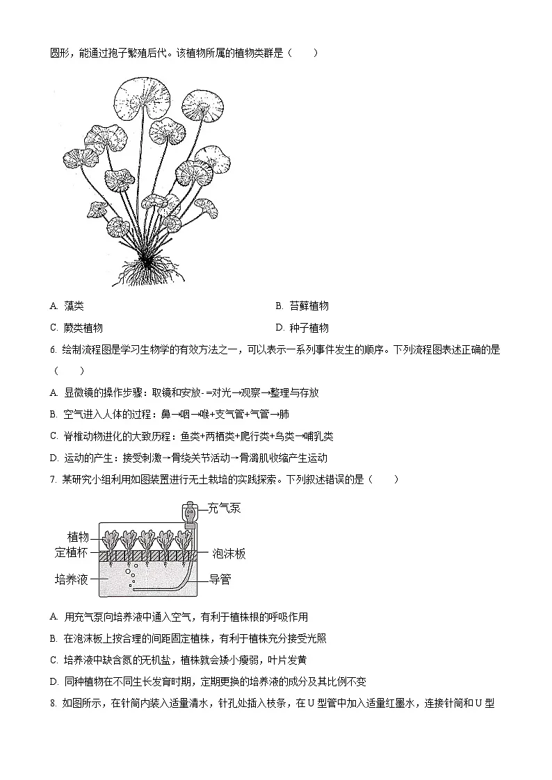 2025年四川省绵阳市游仙区中考一模生物试题(原卷版+解析版)第2页