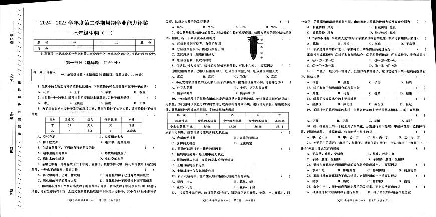 甘肅省甘南州舟曲縣初級中學(xué)2024-2025學(xué)年七年級下學(xué)期第一次月考生物試卷第1頁