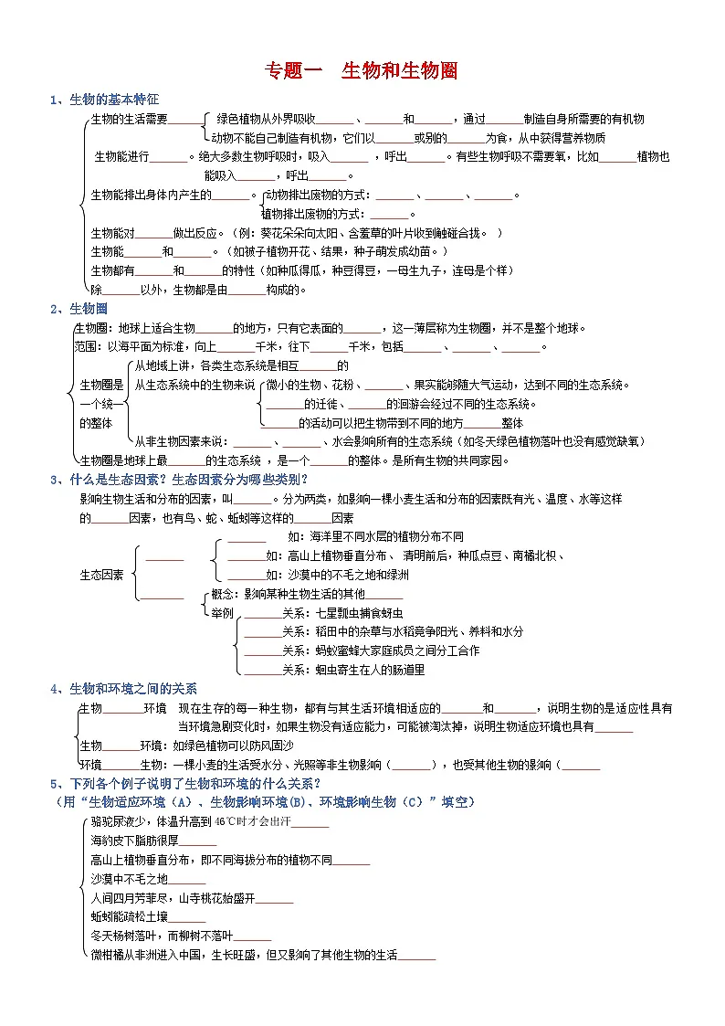 2025年人教版八年级下册会考生物知识梳理知识点讲义专题01 生物和生物圈(填空版)第1页
