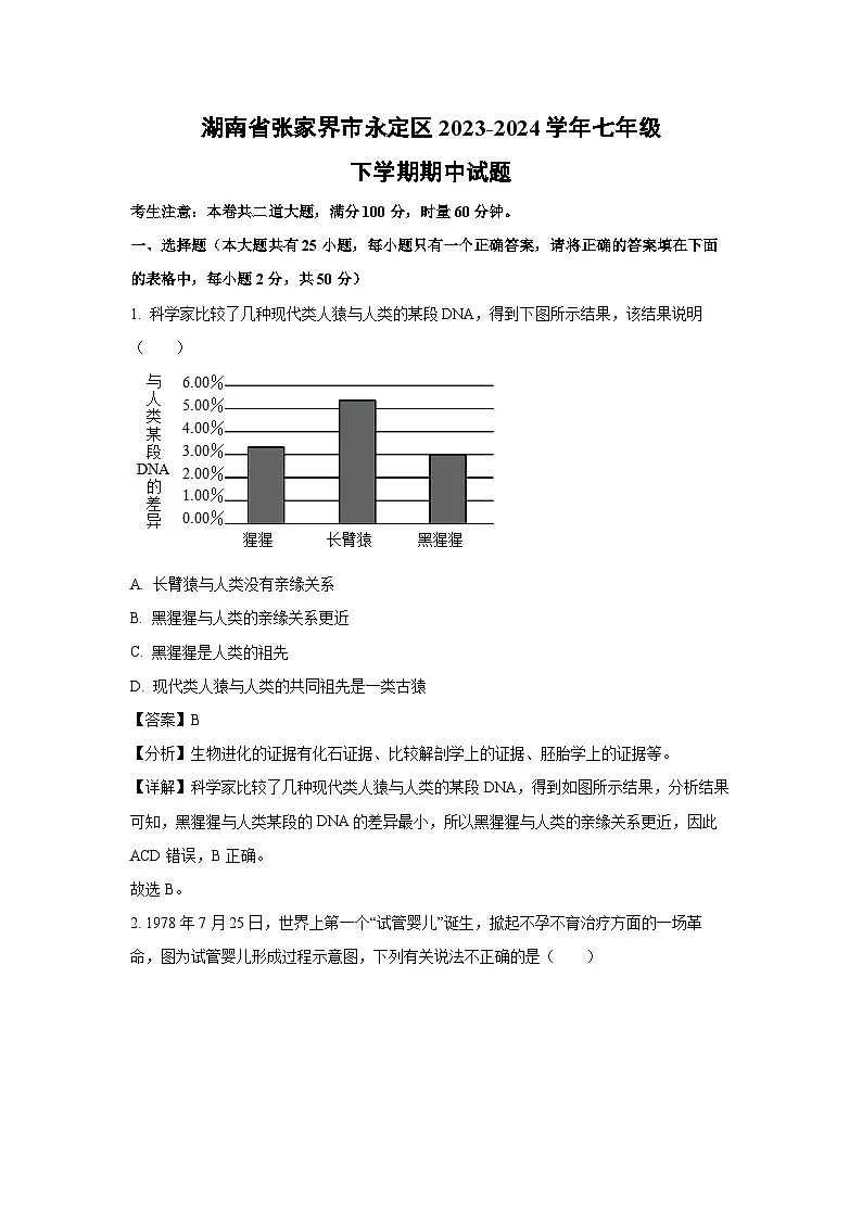湖南省张家界市永定区2023-2024学年七年级下学期期中生物试卷(解析版)第1页