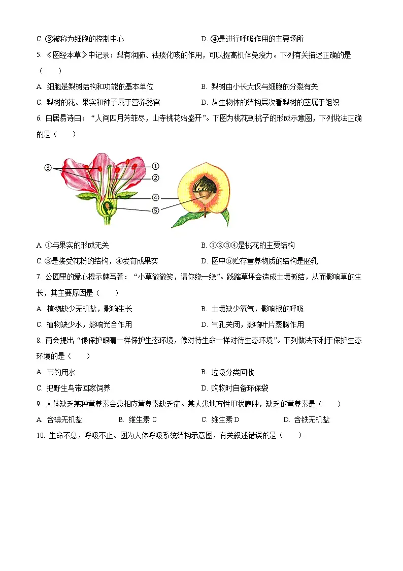 2025年湖南省永州市中考一模生物试题(原卷版+解析版)第2页
