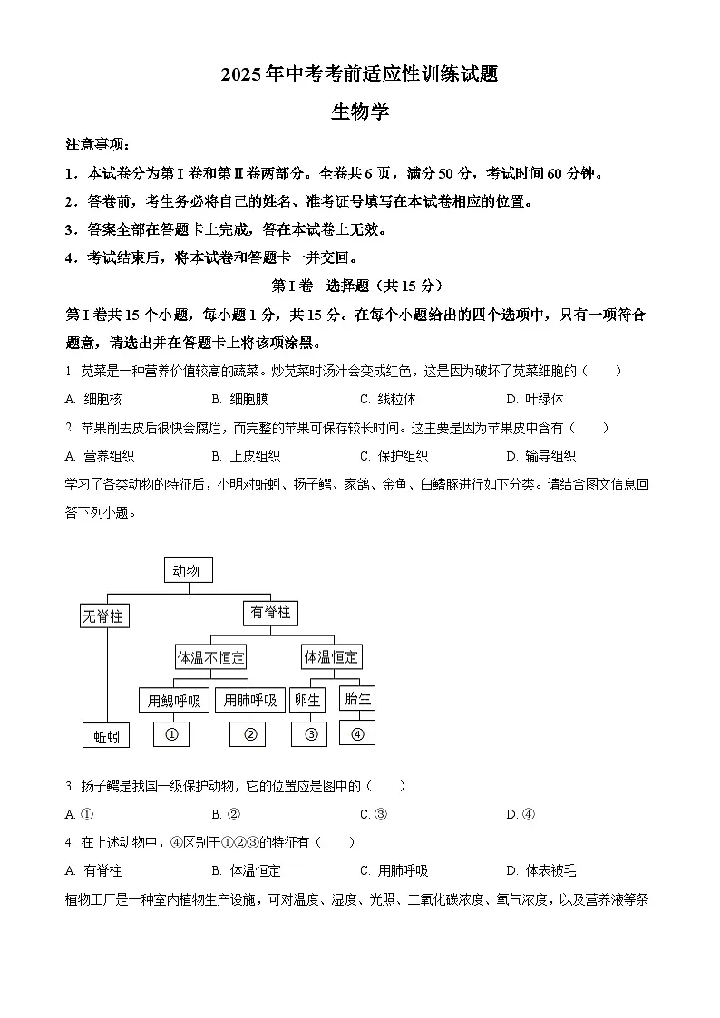 2025年山西省太原市部分学校中考一模生物试题(原卷版+解析版)第1页