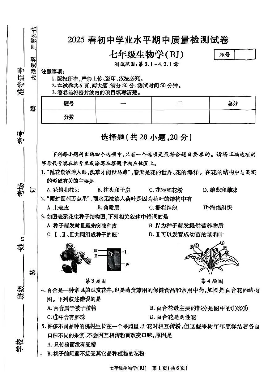 思礼镇河南济源人教版2024年—2025年初中生物七年级下学期期中生物试卷第1页
