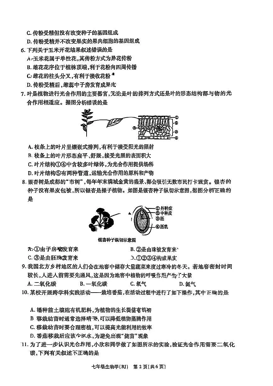 思礼镇河南济源人教版2024年—2025年初中生物七年级下学期期中生物试卷第2页