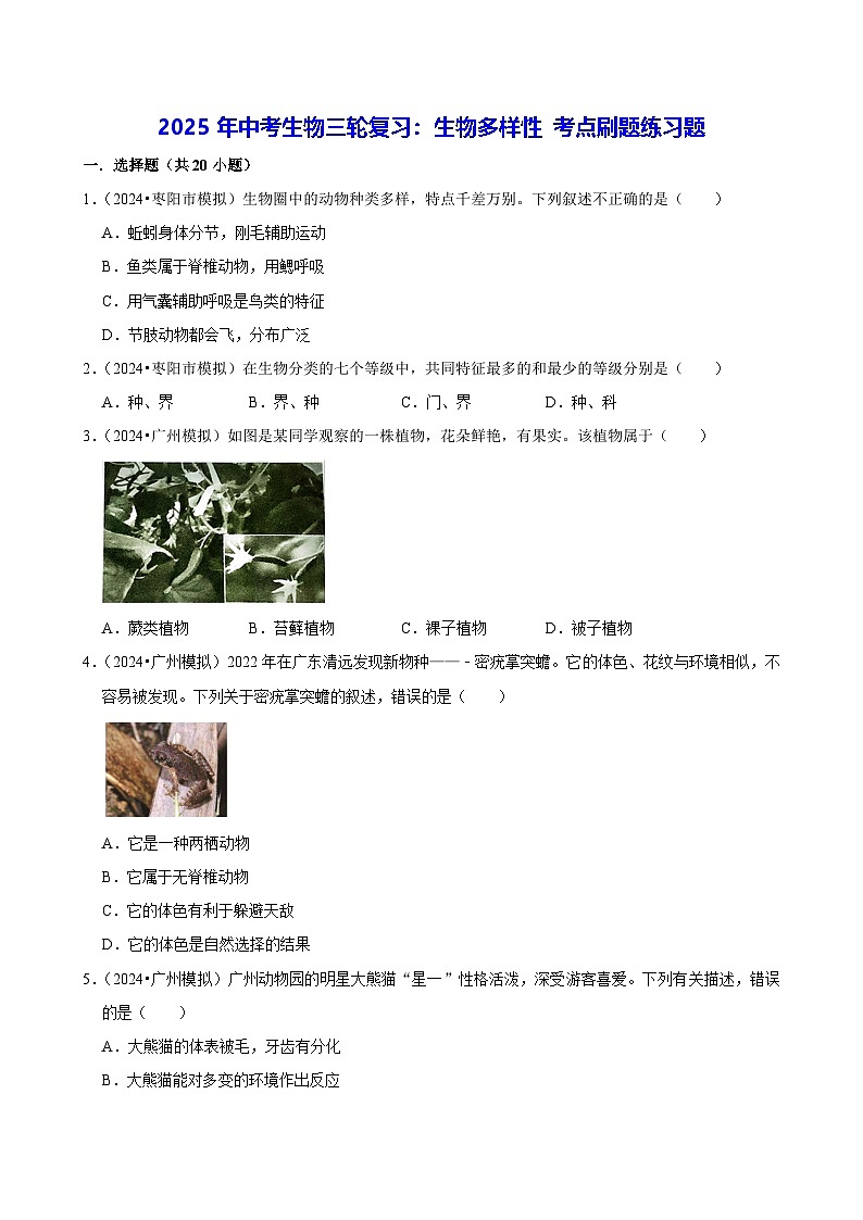 2025年中考生物三轮复习:生物多样性 考点刷题练习题(含答案解析)第1页