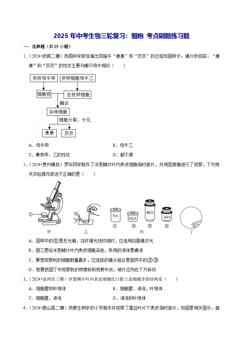 2025年中考生物三轮复习:细胞 考点刷题练习题(含答案解析)第1页