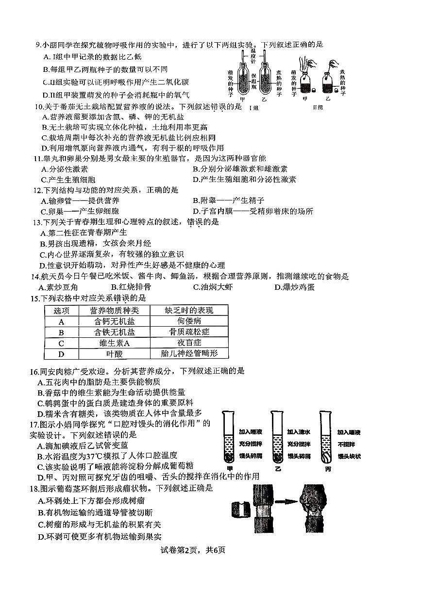 福建省厦门市同安区2024-2025学年七年级下生物期中试卷第2页