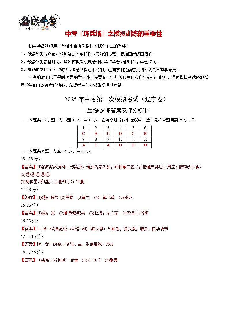 生物(遼寧卷)(參考答案及評分標(biāo)準(zhǔn))第1頁