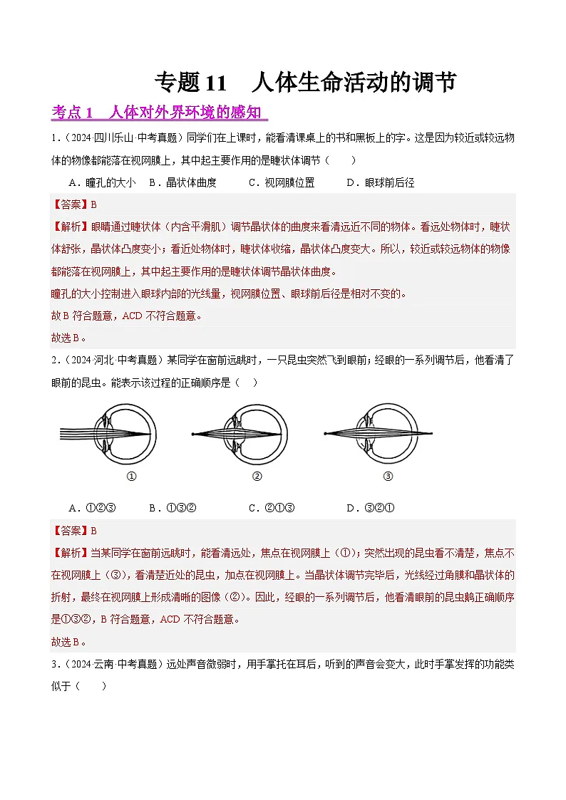 备战2025年中考生物真题分类汇编(全国通用)专题11人体生命活动的调节(第01期)(教师版)第1页