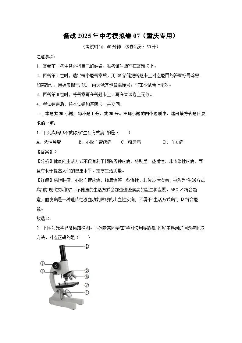 备战2025年中考模拟卷07(重庆专用)生物试卷(解析版)第1页