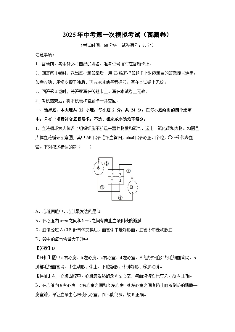 2025年中考第一次模拟考试(西藏卷)生物试卷(解析版)第1页