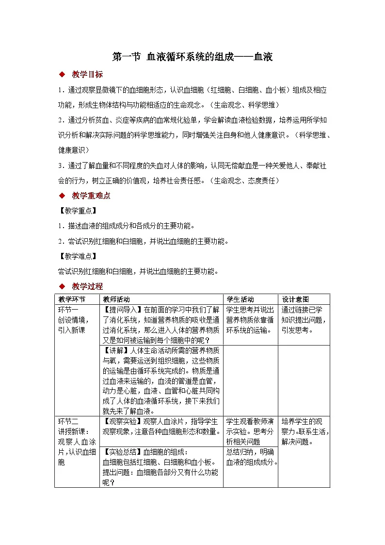 3.2.1.1血液循环系统的组成——血液 教案 生物冀少版(2024)七年级下册第三单元第二章第1页