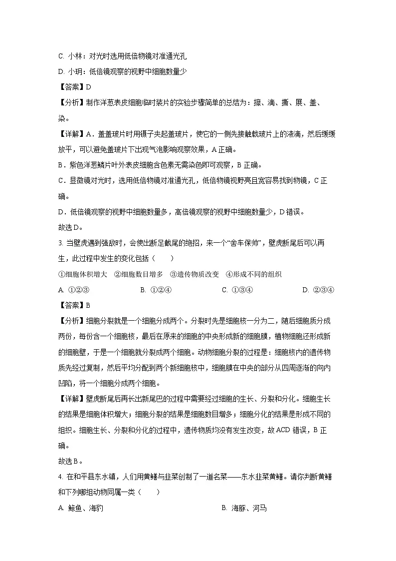 广东省河源市和平县2024-2025学年七年级上学期期末生物试卷(解析版)第2页
