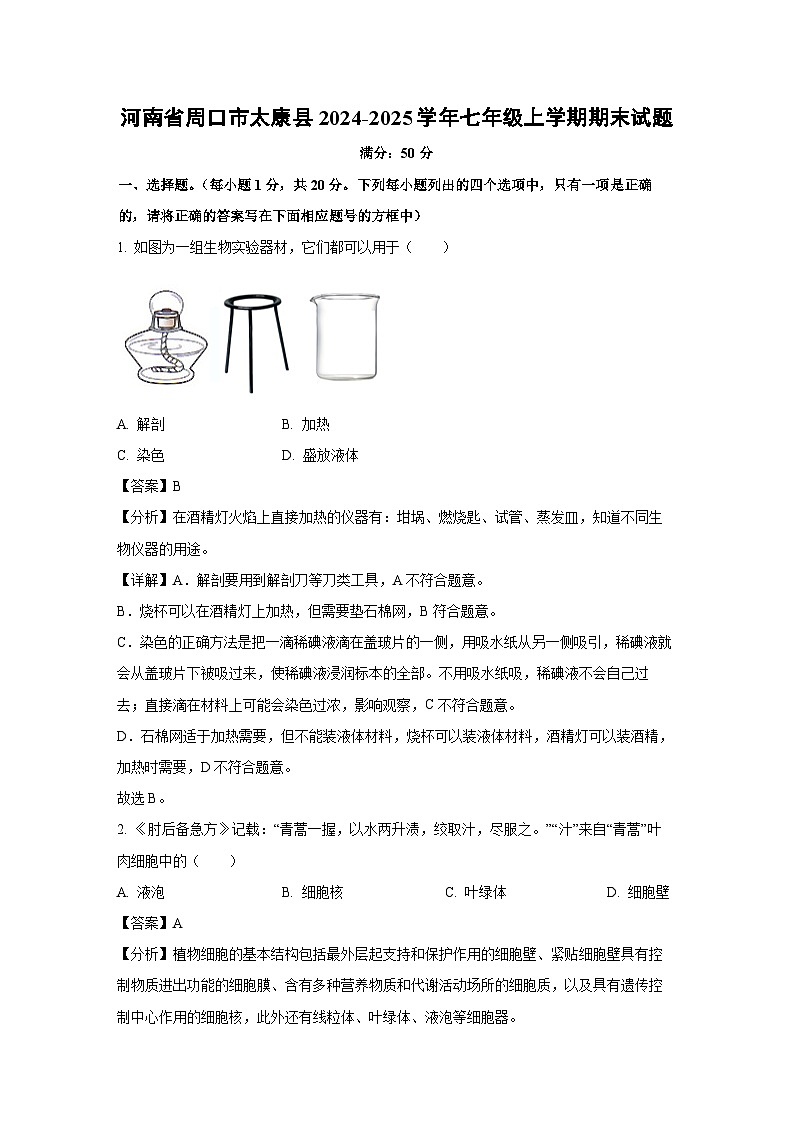 河南省周口市太康县2024-2025学年七年级上学期期末生物试卷(解析版)第1页