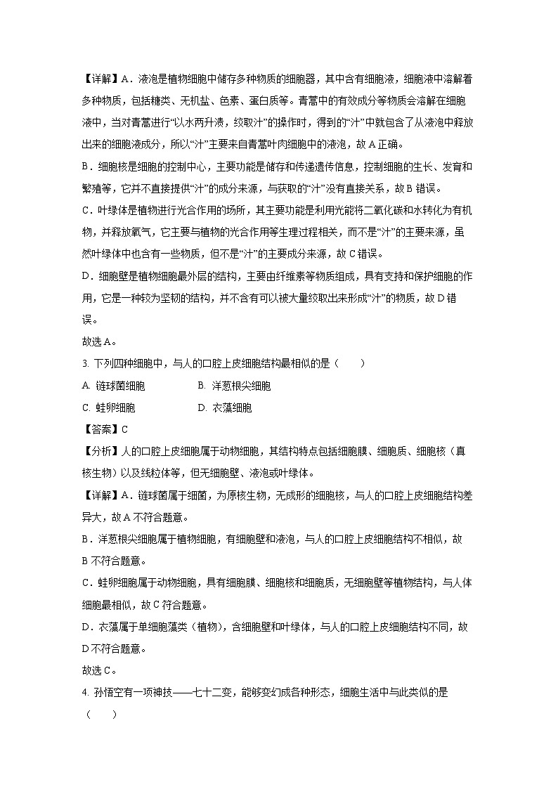 河南省周口市太康县2024-2025学年七年级上学期期末生物试卷(解析版)第2页