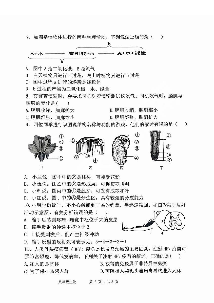 2025年济南市济阳区八下期中生物试题(无答案)第2页