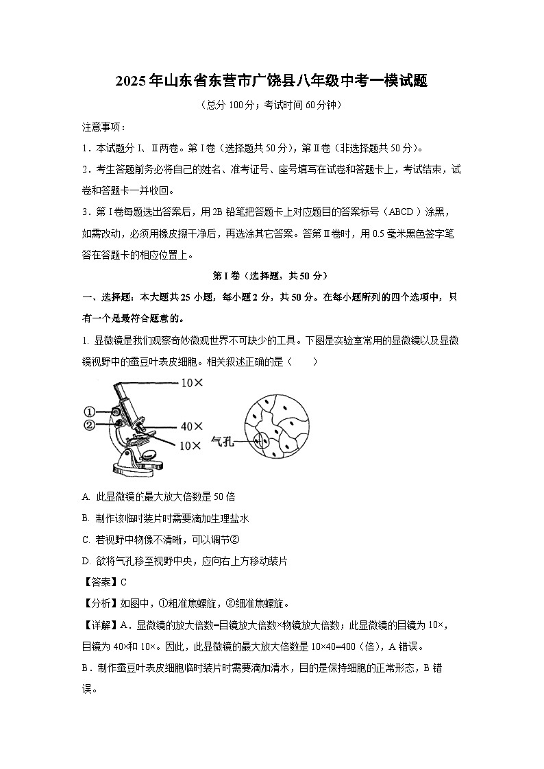 2025年山东省东营市广饶县八年级中考一模生物试题(解析版)第1页