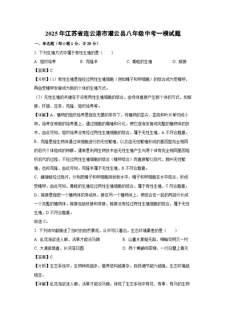 2025年江苏省连云港市灌云县八年级中考一模生物试题(解析版)第1页
