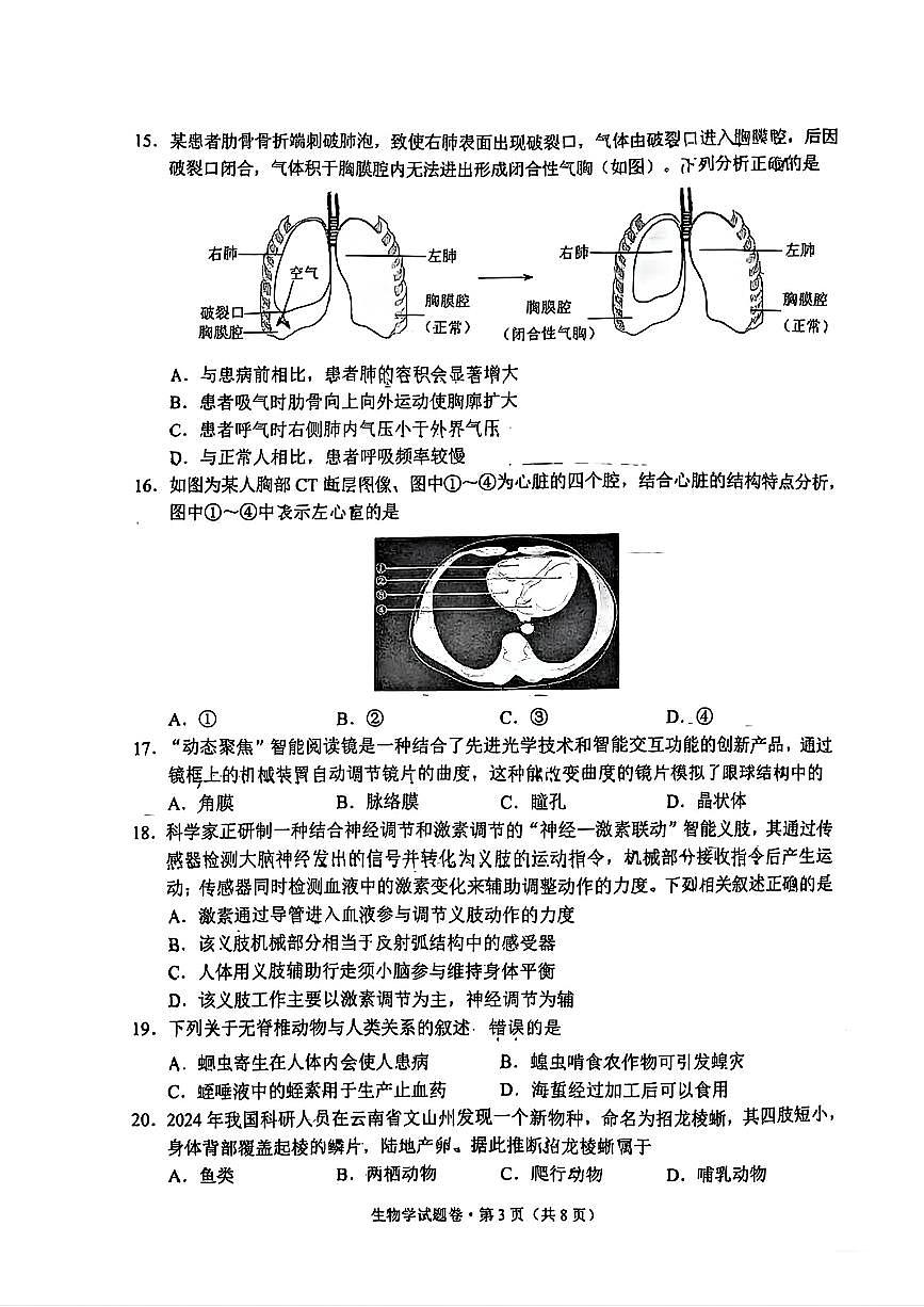 2025年云南省昆明市初中学业质量诊断性检测生物试卷第3页