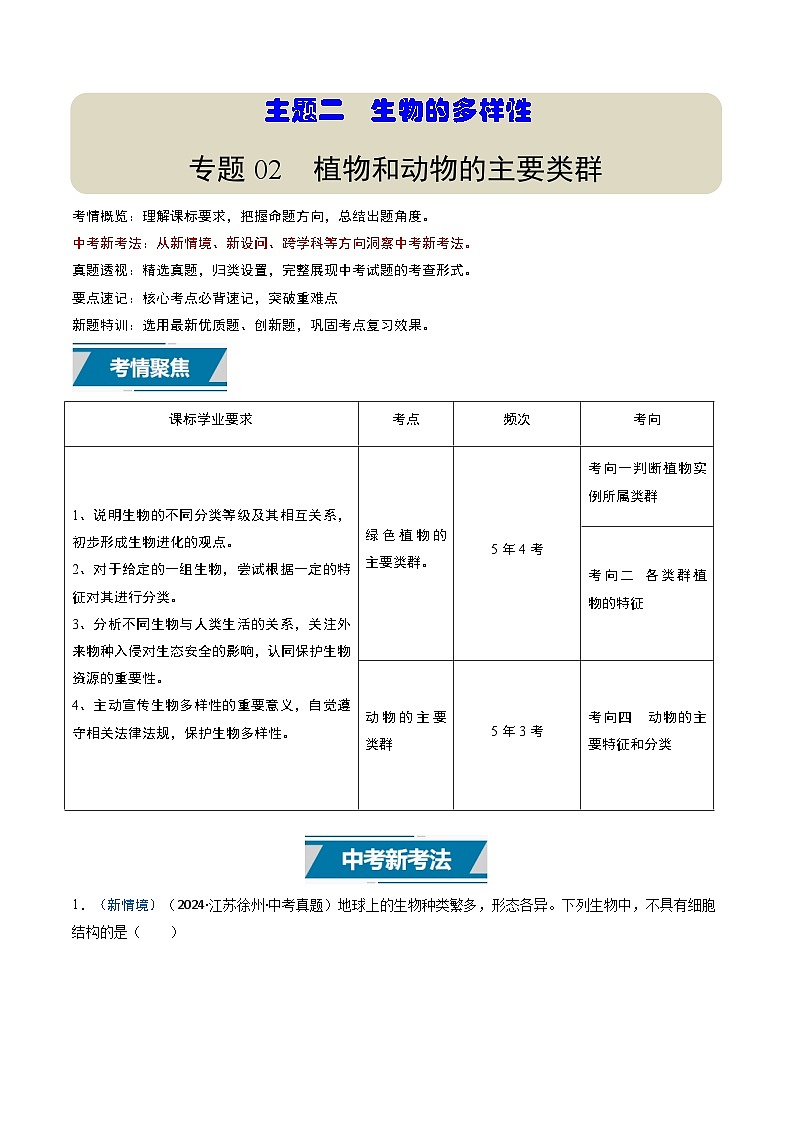 备战2025年中考生物真题分类汇编(江苏专用)专题02植物和动物的主要类群(原卷版)第1页