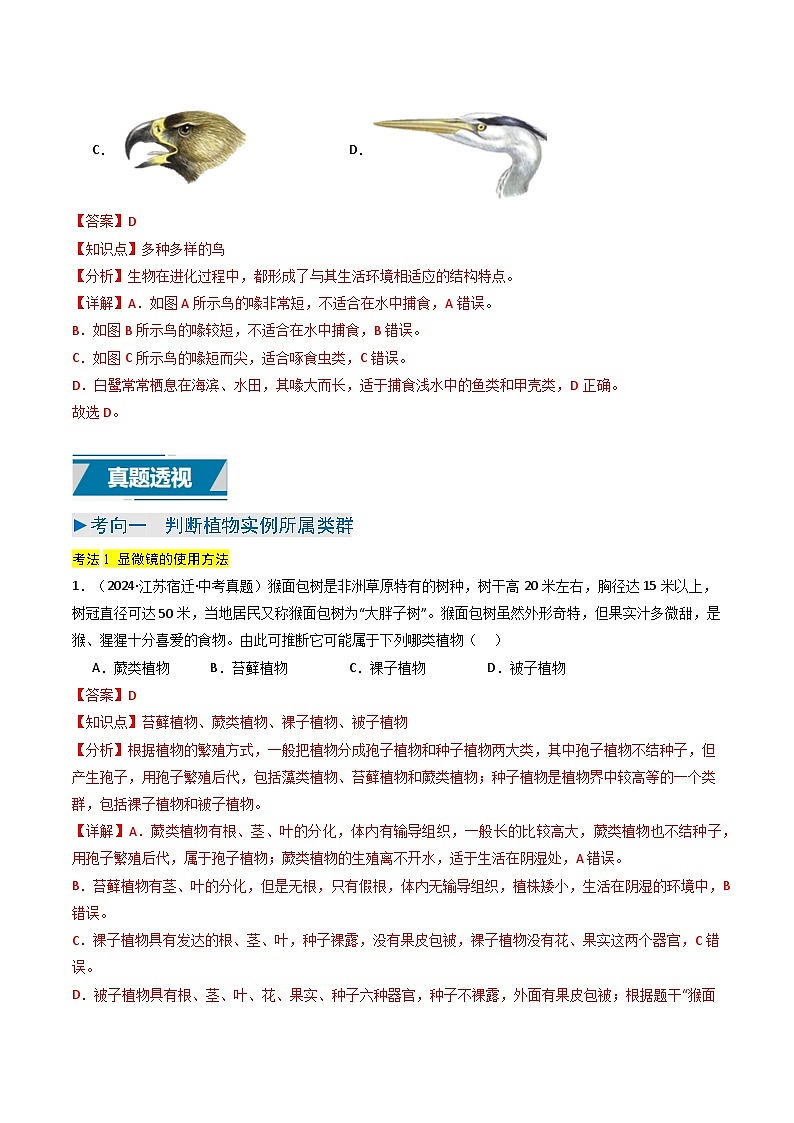 备战2025年中考生物真题分类汇编(江苏专用)专题02植物和动物的主要类群(解析版)第3页
