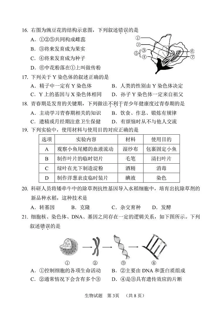 2025年福建省南平市中考二检生物试卷(含答案)第3页