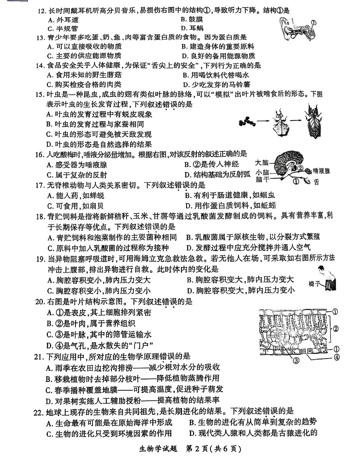 2025年福建省厦门市八年级中考二检生物试卷(含答案)第2页