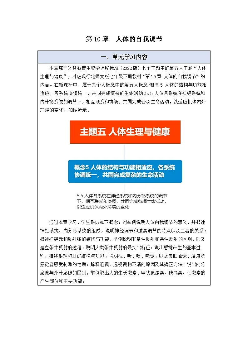 第10章 人体的自我调节 大单元教学设计第1页