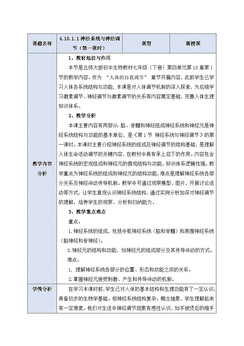 4.10.1.1神经系统与神经调节(第一课时)教案单元教学设计+教案+思维导图第1页
