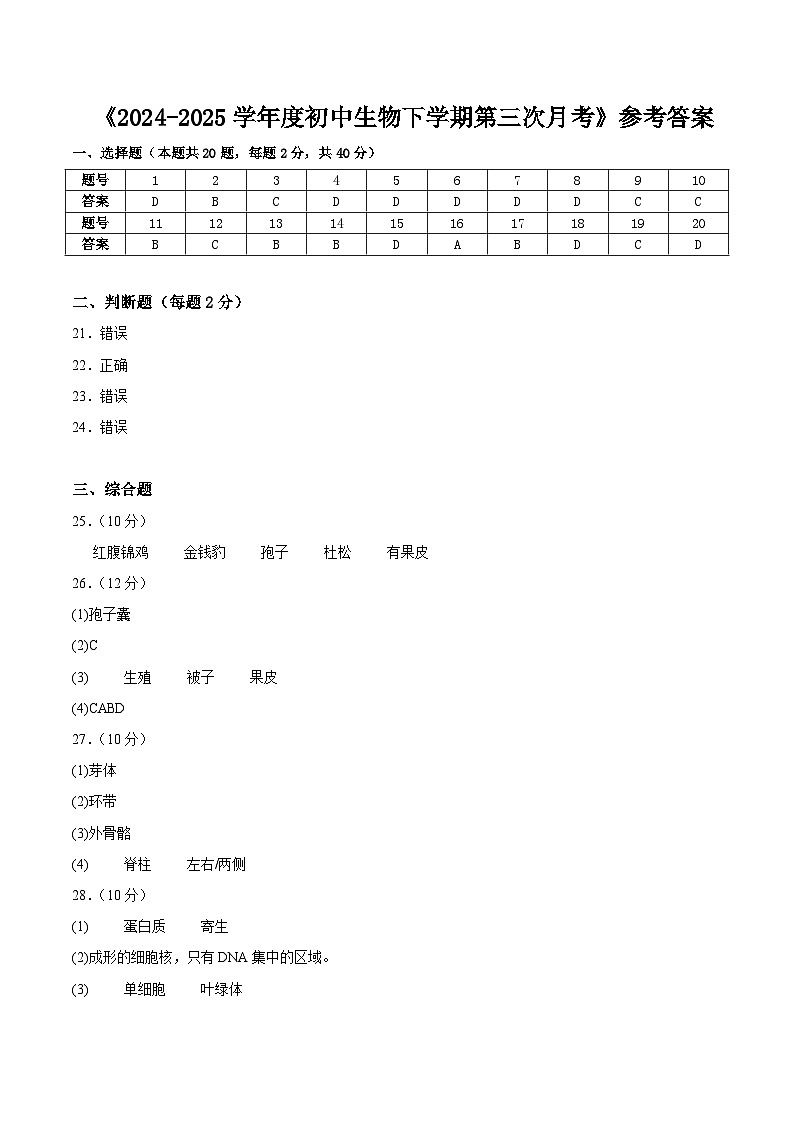七年級生物月考卷（參考答案）（上海專用，滬教版2024第6~9章）第1頁