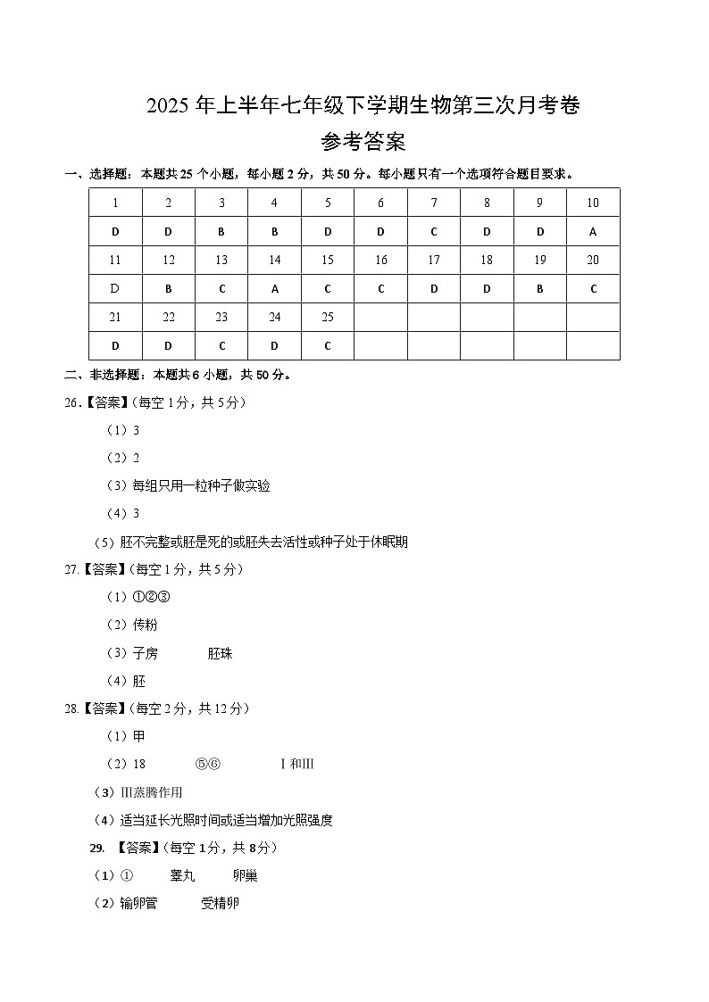 七年级生物月考卷(参考答案)第1页
