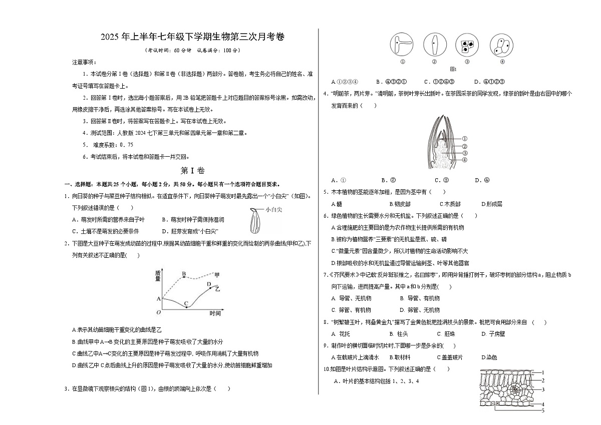 七年级生物月考卷【测试范围:人教版2024第三单元第四单元前两章】(考试版A3)(湖南专用)第1页