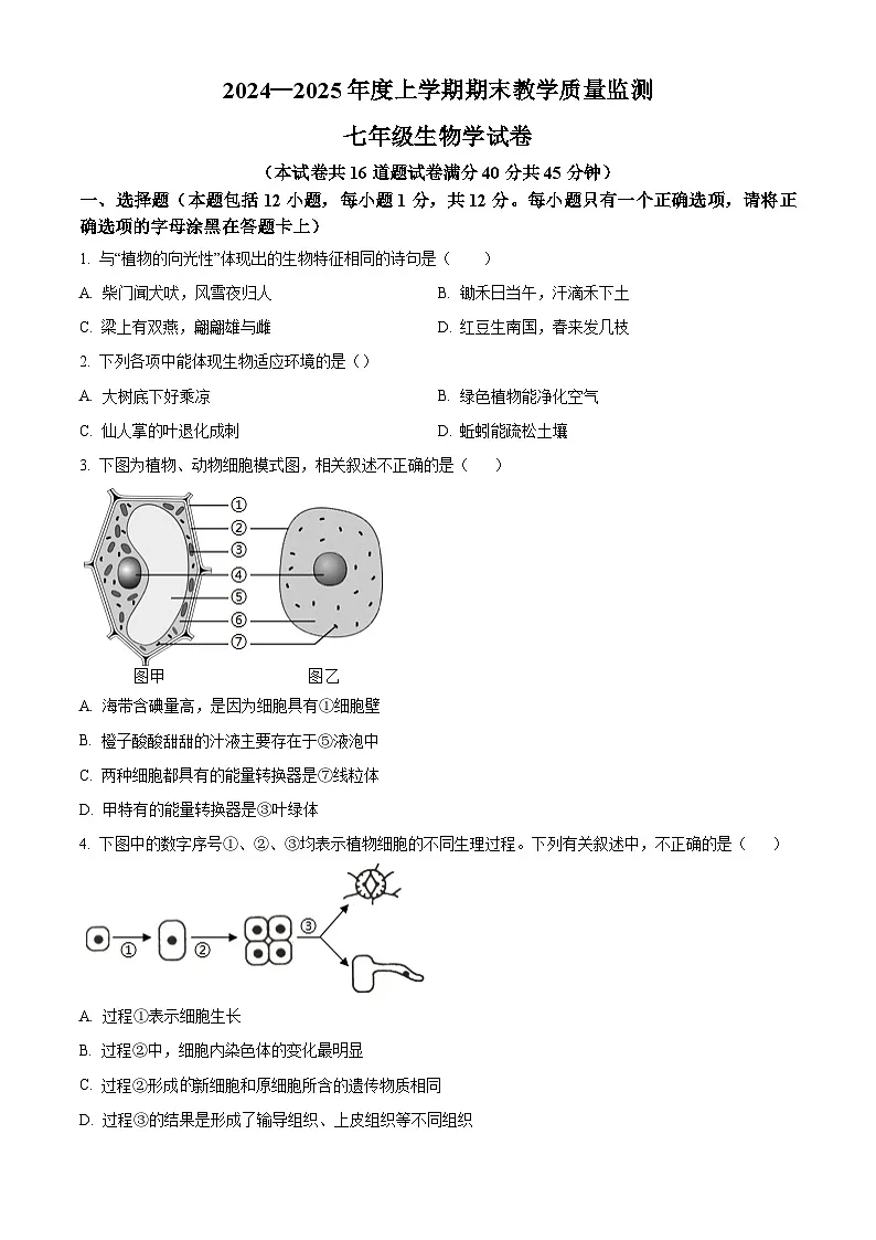辽宁省丹东市东港市2024-2025学年七年级上学期期末生物试题(原卷版+解析版)第1页