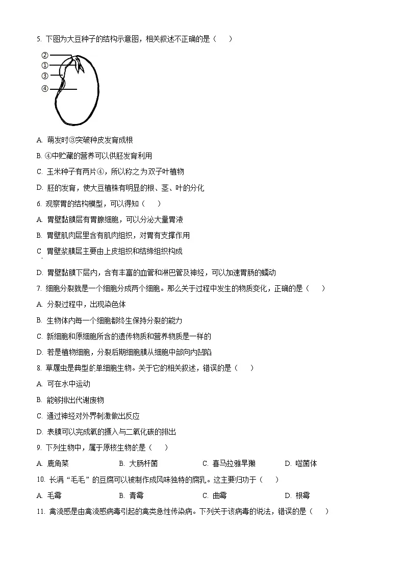 辽宁省丹东市东港市2024-2025学年七年级上学期期末生物试题(原卷版+解析版)第2页