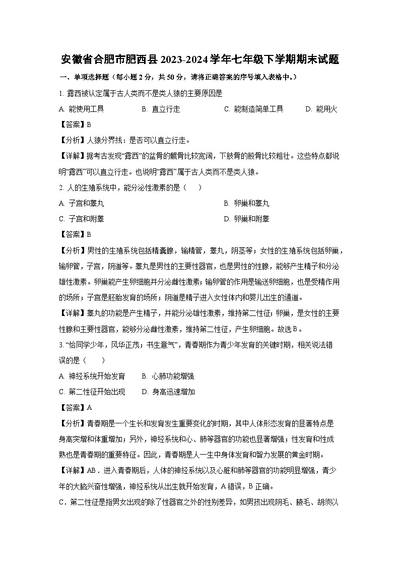 安徽省合肥市肥西县2023-2024学年七年级下学期期末生物试题(解析版)第1页
