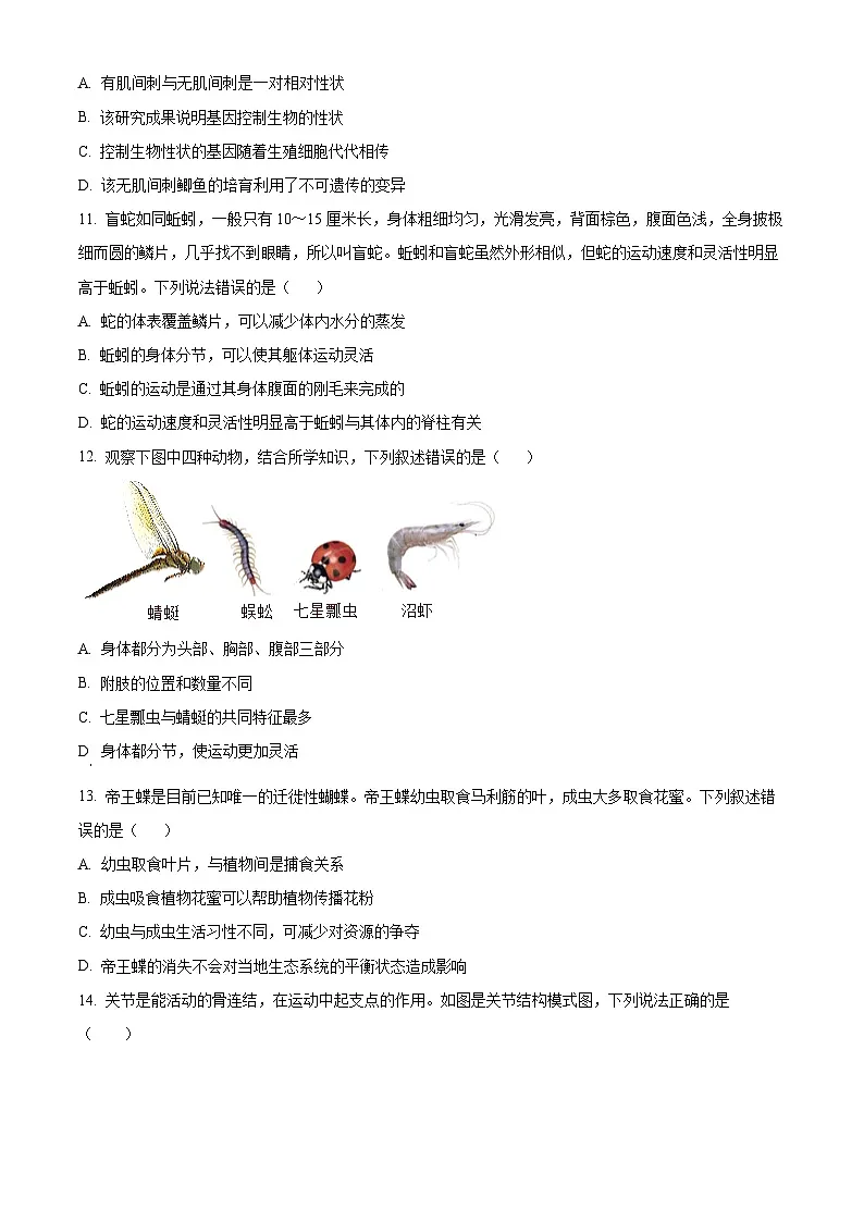 山东省日照市五莲县2024-2025学年八年级上学期期末生物试题(原卷版+解析版)第3页