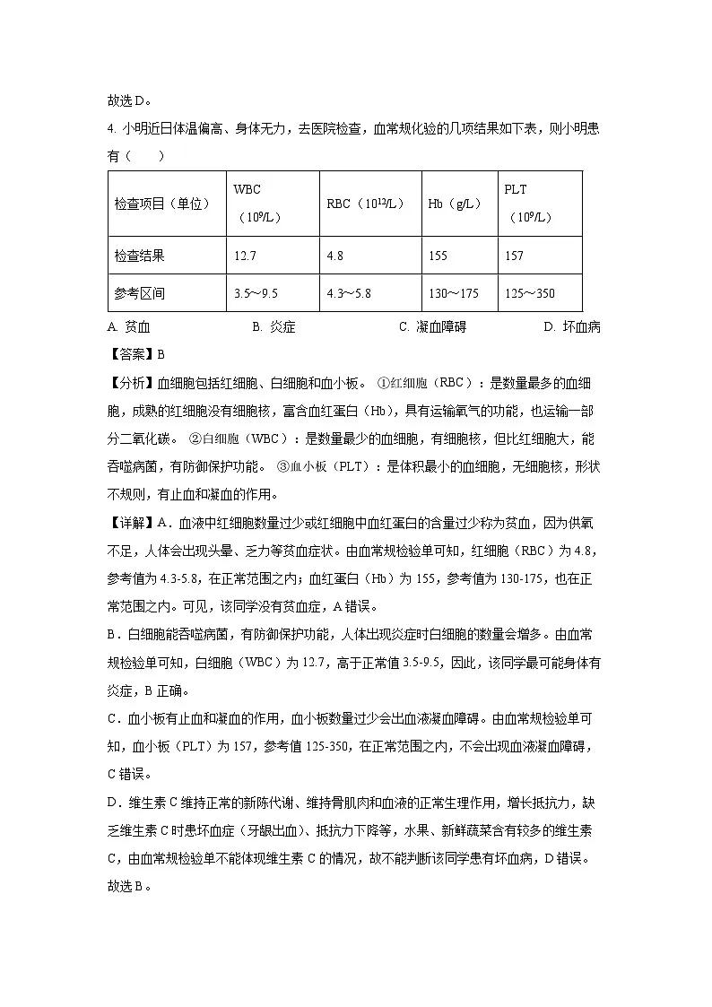 吉林省长春市南关区2023-2024学年七年级下学期期末生物试题(解析版)第3页