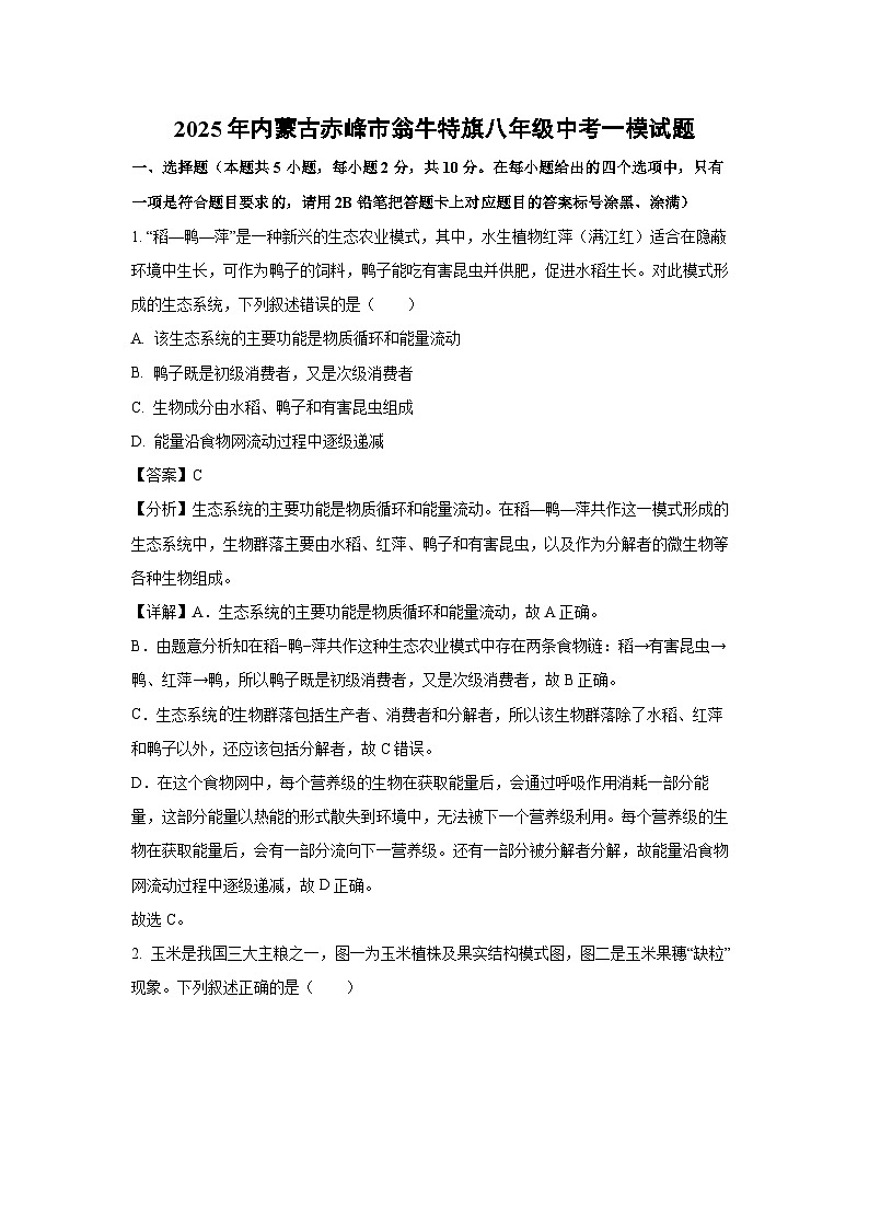 2025年内蒙古赤峰市翁牛特旗八年级中考一模生物试题(解析版)第1页