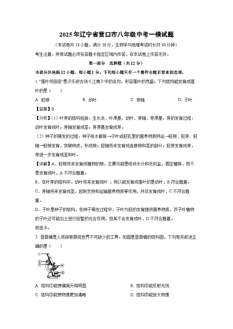 2025年辽宁省营口市八年级中考一模生物试题(解析版)第1页