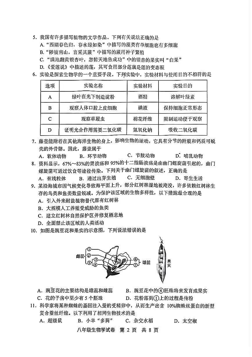 2025年河北省唐山市路北区中考生物二模试卷及答案第2页