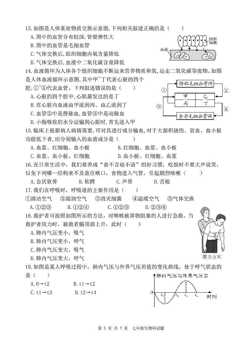 2023-2024第二学期 七年级生物期末检测试题第3页