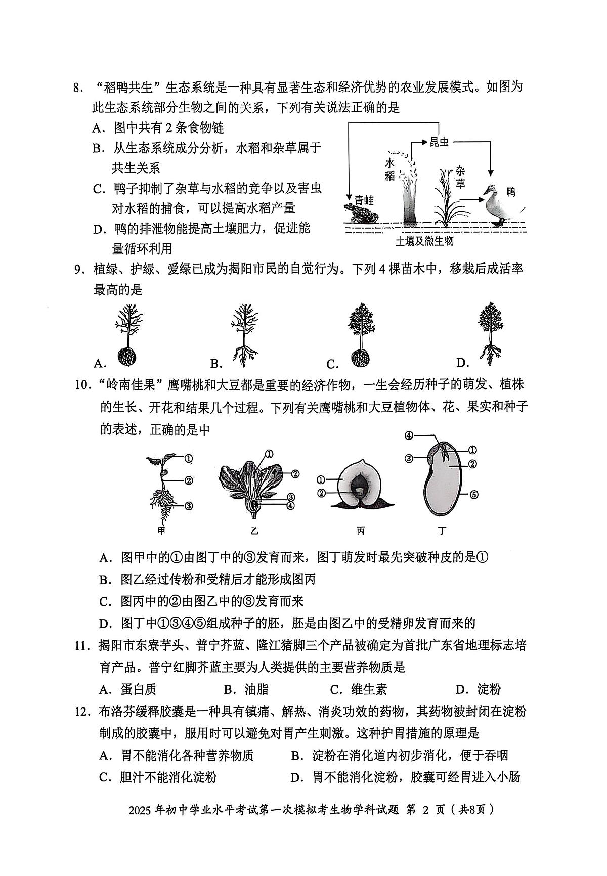 2025年广东省揭阳市揭东区中考生物一模试卷(中考模拟)第2页
